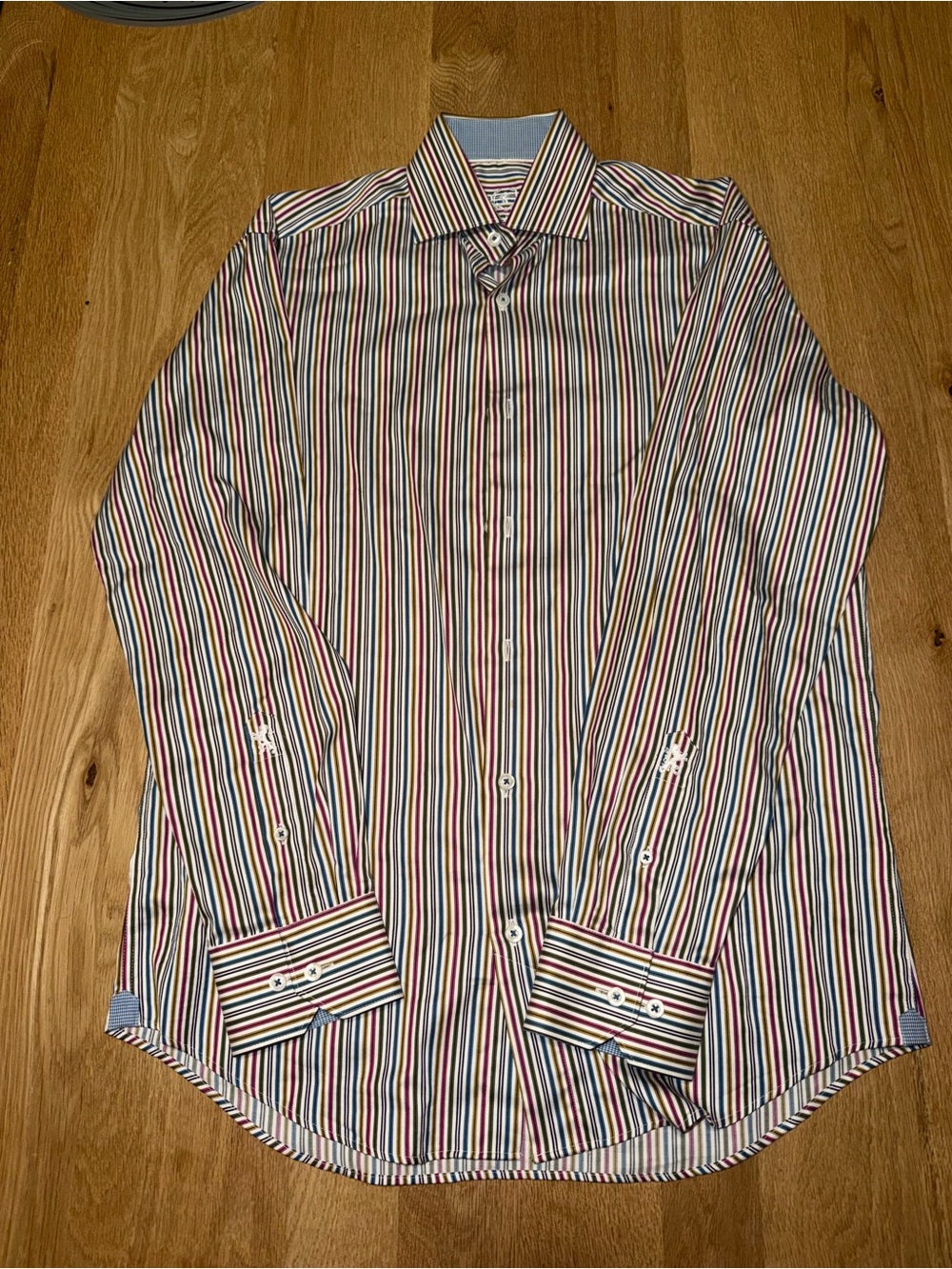 Bugatchi Men's Multistripe Dress Shirt in White, Blue, Red, Green